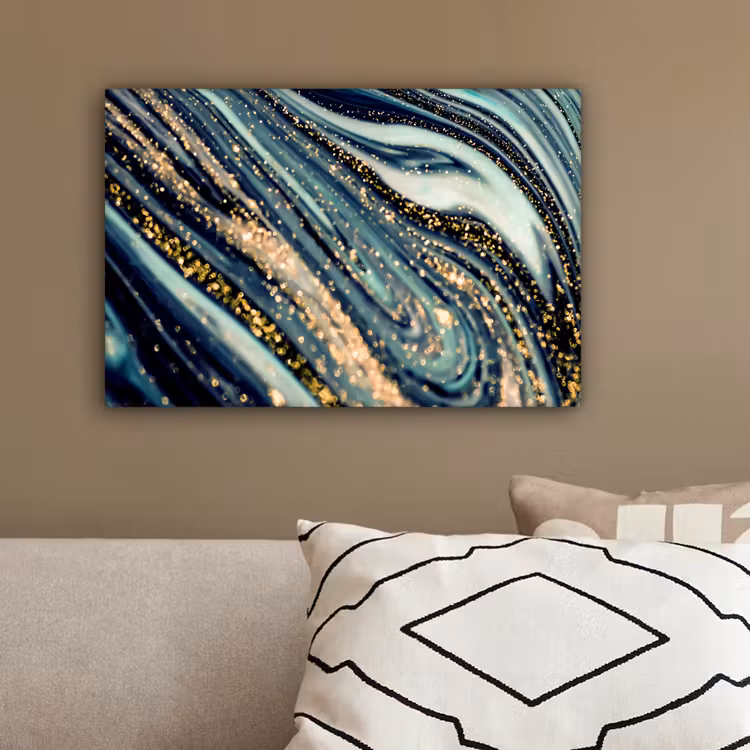Marmer - Goud - Blauw - Glitter - Marmerlook - Abstract canvas 2cm klein -sfeer3