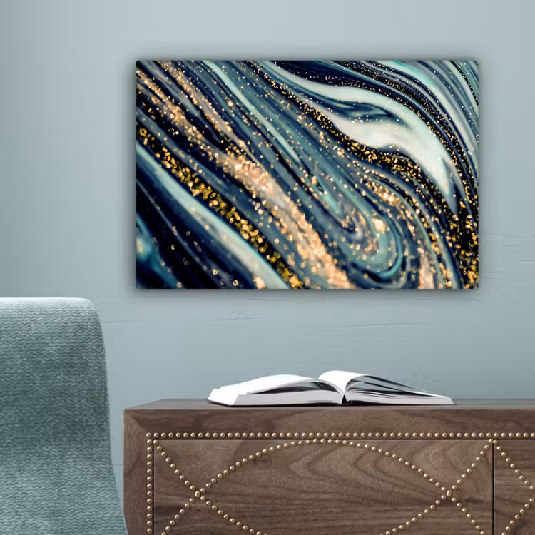 Marmer - Goud - Blauw - Glitter - Marmerlook - Abstract canvas 2cm klein -sfeer4