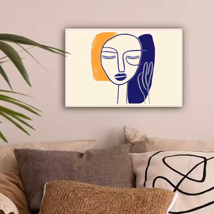 Minimalistisch - Gezicht - Hand - Oranje - Blauw canvas 2cm klein -sfeer1