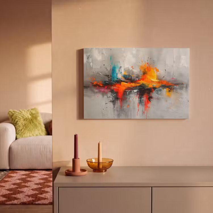 Moderne kunst - Oranje - Grijs - Abstract canvas 2cm klein -sfeer1