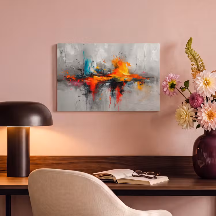 Moderne kunst - Oranje - Grijs - Abstract canvas 2cm klein -sfeer4