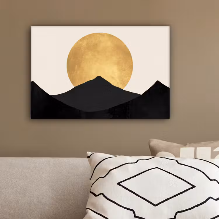 Bergsilhouetten - Gouden cirkel - Beige canvas 2cm klein -sfeer3