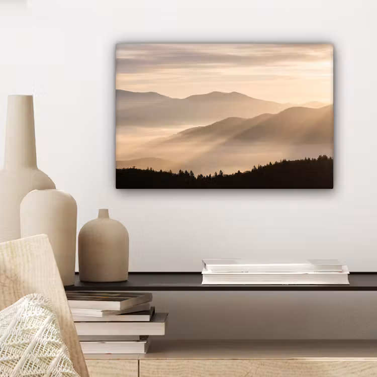 Bergen - Mist - Zonnestralen canvas 2cm klein -sfeer6