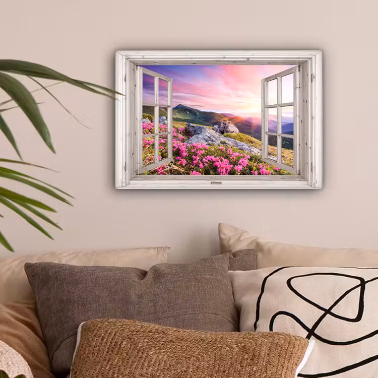 Bergen - Landschap - Doorkijk - Bloemen - Avond - Roze canvas 2cm klein -sfeer1