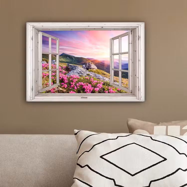 Bergen - Landschap - Doorkijk - Bloemen - Avond - Roze canvas 2cm klein -sfeer3