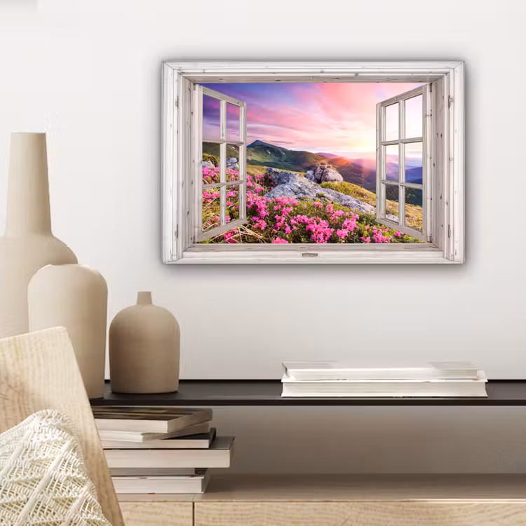 Bergen - Landschap - Doorkijk - Bloemen - Avond - Roze canvas 2cm klein -sfeer6