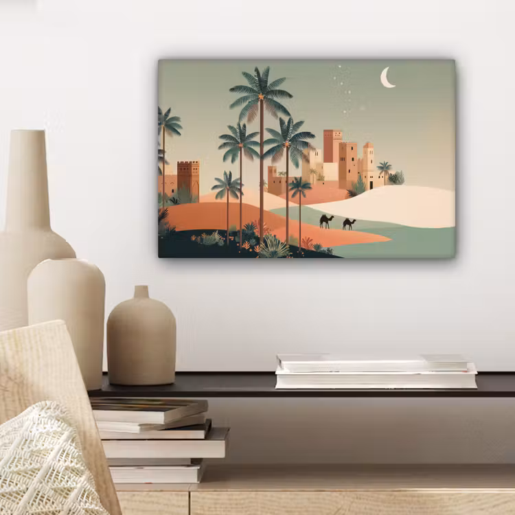 Nachtlandschap - Kamelen - Sterren - zandduinden canvas 2cm klein -sfeer6