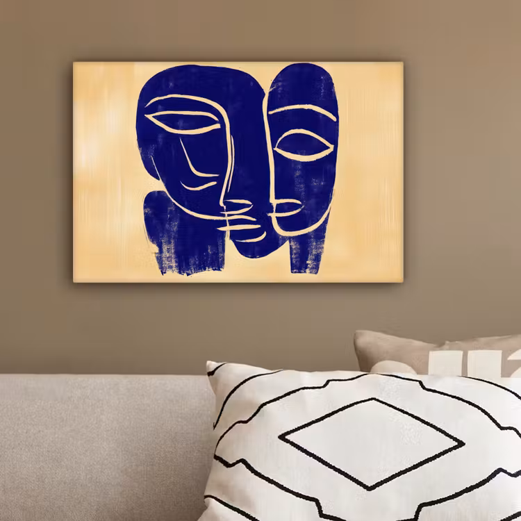 Okergeel - Blauw - Eenvoudige lijnen canvas 2cm klein -sfeer3