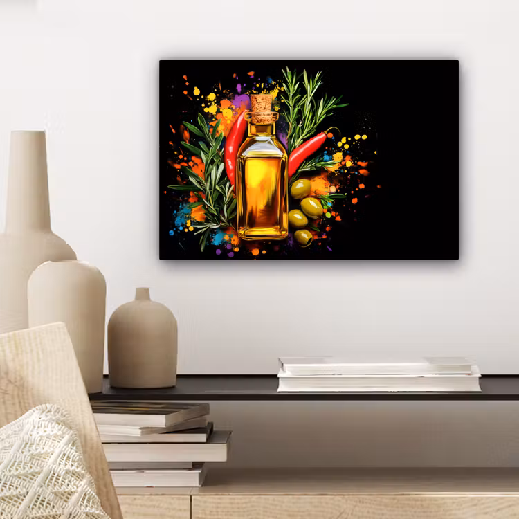 Olijfolie - Graffiti - Peper - Olijven - Modern canvas 2cm klein -sfeer6