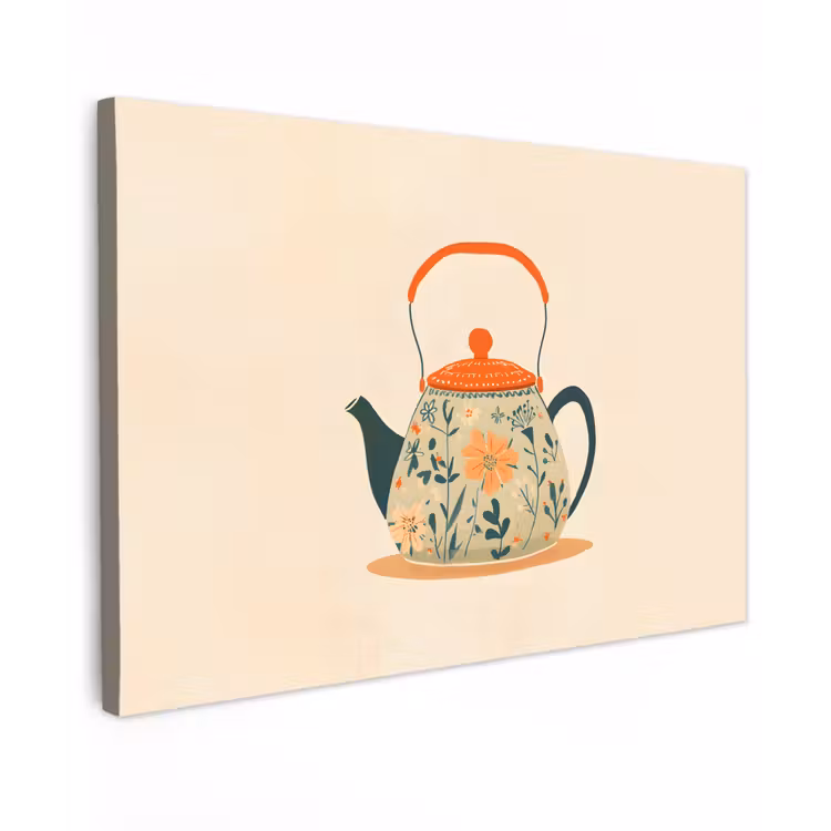 Oranje - Theepot - Bloemen - Bladeren canvas 2cm klein -z3d