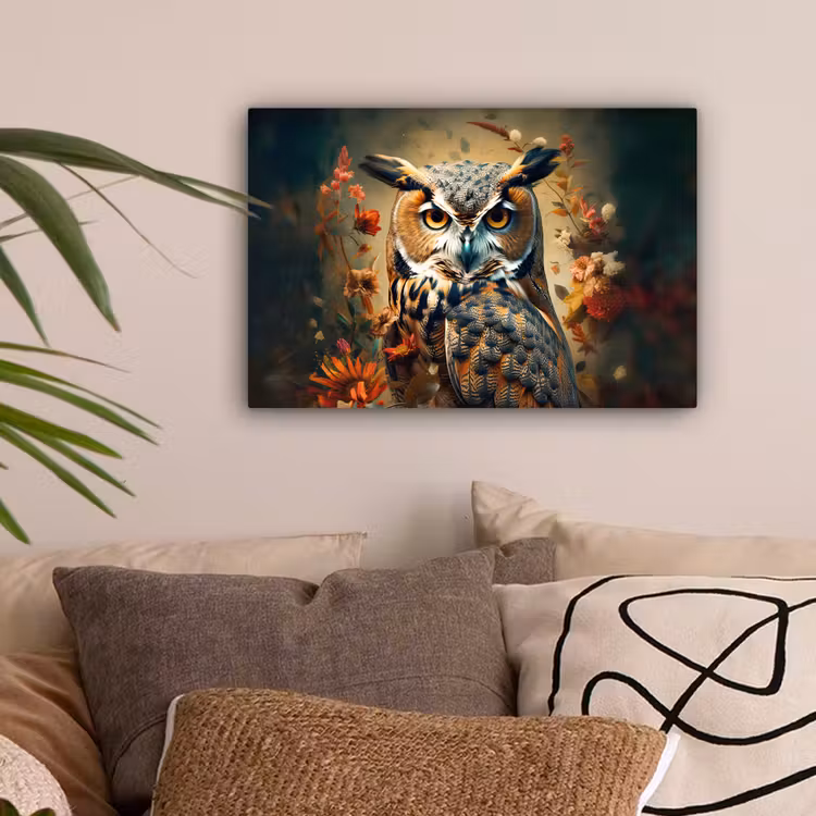 Uil - Vogel - Bloemen - Planten - Botanisch canvas 2cm klein -sfeer1