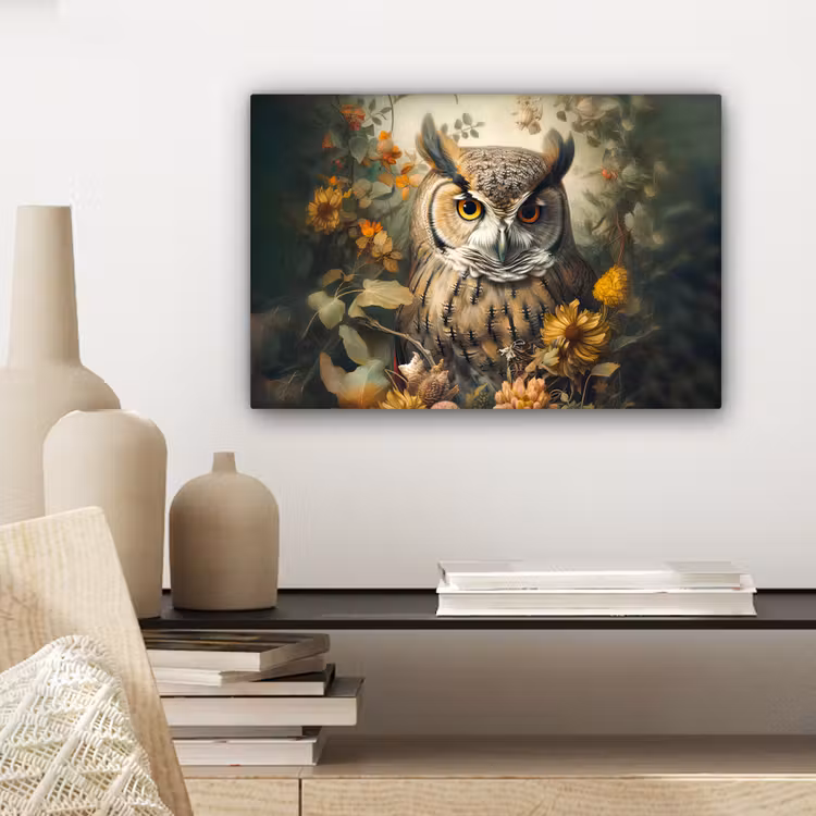 Uil - Vogels - Bloemen - Natuur canvas 2cm klein -sfeer6
