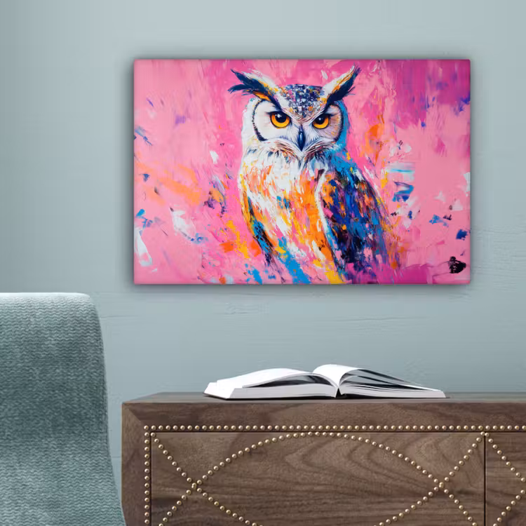 Uil - Roze - Blauw - Verf - Abstract canvas 2cm klein -sfeer4