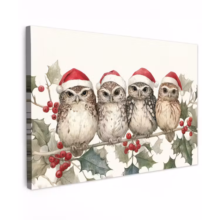 Uilen - Tak - Hulstblaadjes - Kerstmuts canvas 2cm klein -z3d