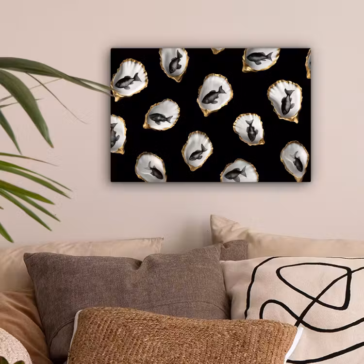 Oesters - Zwart - Vissen - Goud canvas 2cm klein -sfeer1