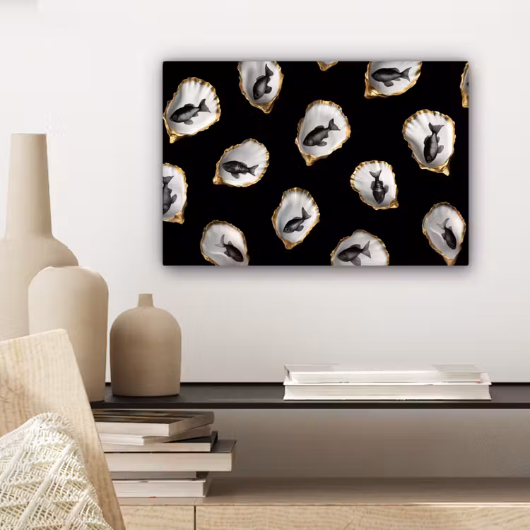 Oesters - Zwart - Vissen - Goud canvas 2cm klein -sfeer6