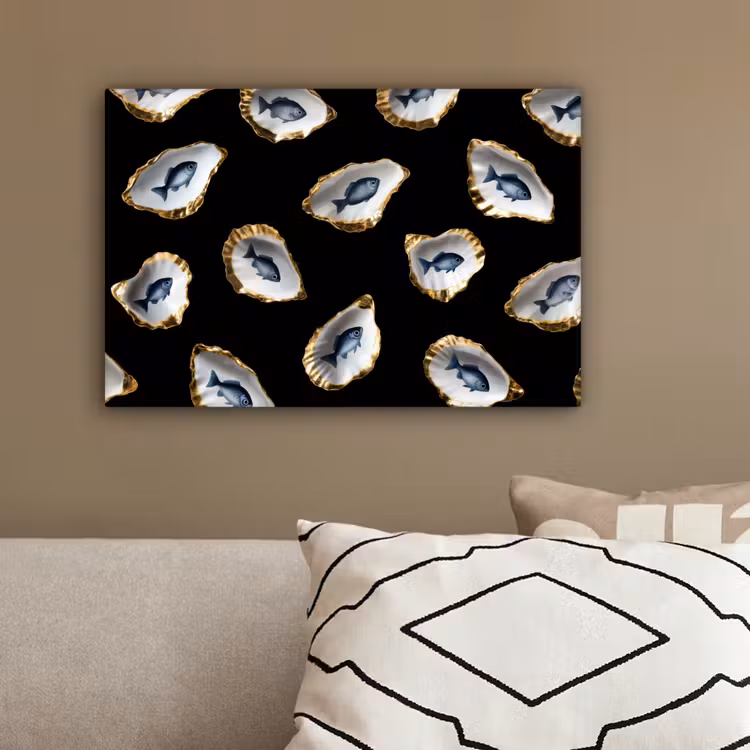 Oesters - Vissen - Blauw - Goud canvas 2cm klein -sfeer3