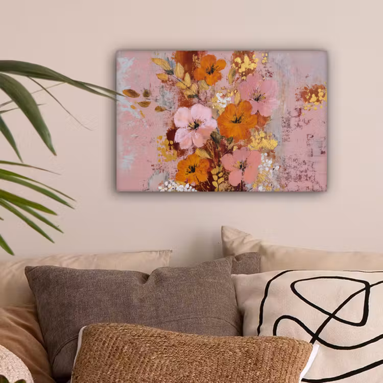 Schilderij - Bloemen - Rustiek - Roze canvas 2cm klein -sfeer1