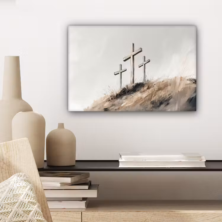 Schilderij - Heuvel - Christendom - Kruis canvas 2cm klein -sfeer6