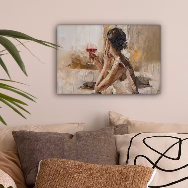 Schilderij - Olieverf - Vrouw - Wijn canvas 2cm klein -sfeer1