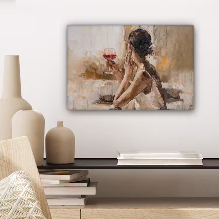 Schilderij - Olieverf - Vrouw - Wijn canvas 2cm klein -sfeer6