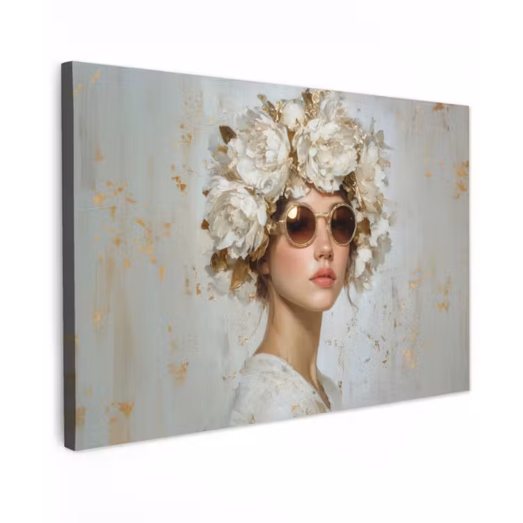 Schilderij - Vrouw - Zonnebril - Bloemenkrans canvas 2cm klein -z3d