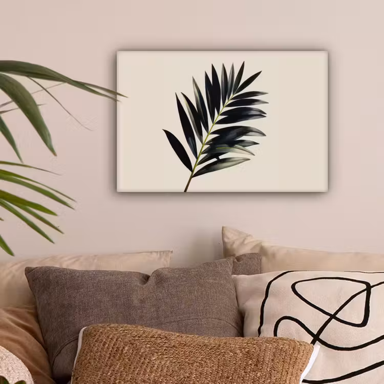Palmblad - Subtiel - Groen - beige canvas 2cm klein -sfeer1