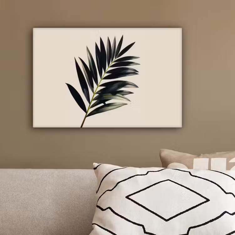 Palmblad - Subtiel - Groen - beige canvas 2cm klein -sfeer3