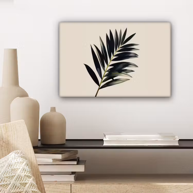Palmblad - Subtiel - Groen - beige canvas 2cm klein -sfeer6