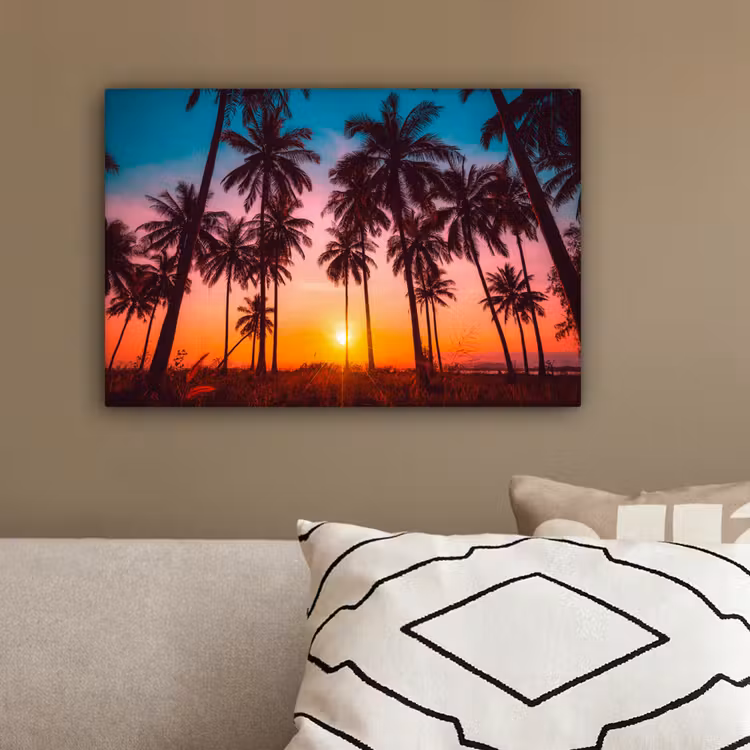 Palmboom - Zonsondergang - Horizon - Strand - Oranje - Roze canvas 2cm klein -sfeer3