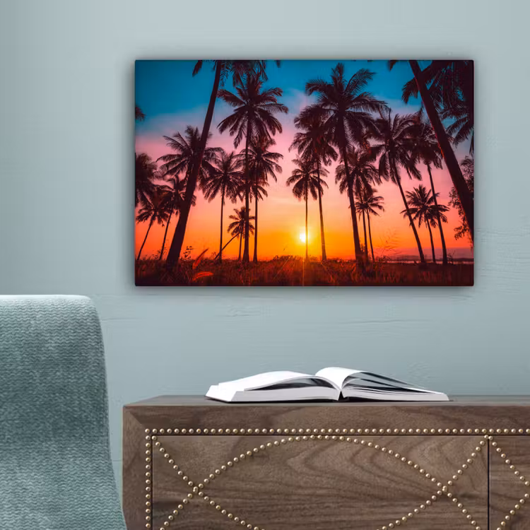 Palmboom - Zonsondergang - Horizon - Strand - Oranje - Roze canvas 2cm klein -sfeer4