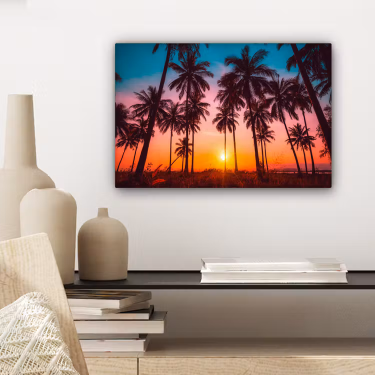 Palmboom - Zonsondergang - Horizon - Strand - Oranje - Roze canvas 2cm klein -sfeer6