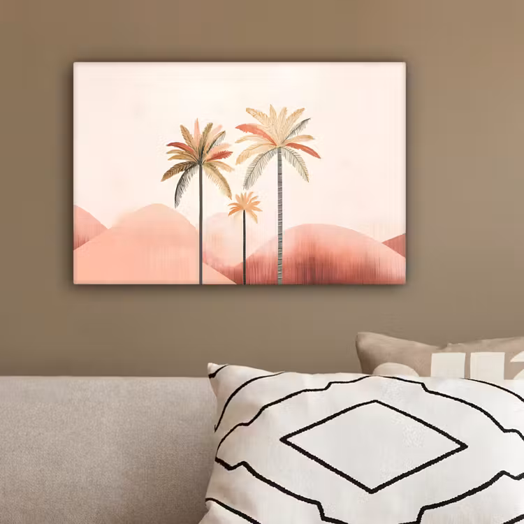 Palmbomen - Heuvels - Minimalistisch - Zachtroze canvas 2cm klein -sfeer3