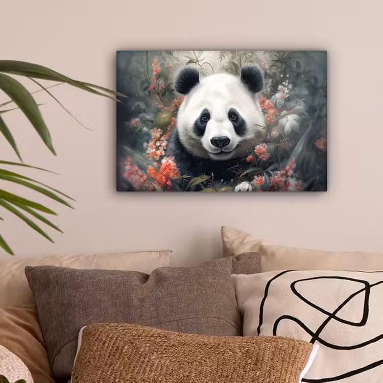 Panda - Wilde dieren - Bloemen - Natuur canvas 2cm klein -sfeer1