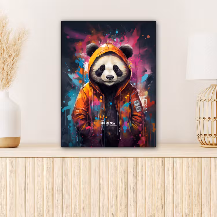 Panda met oranje jas en verfspetters canvas 2cm klein -sfeer5