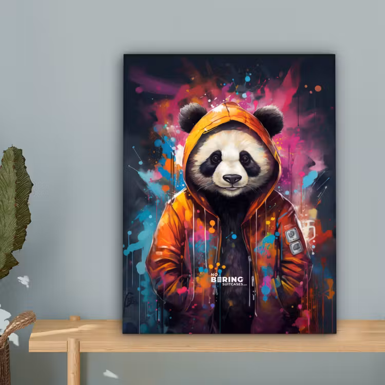 Panda met oranje jas en verfspetters canvas 2cm klein -sfeer4