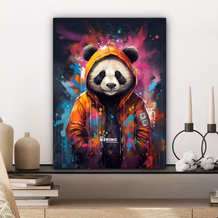 Panda met oranje jas en verfspetters canvas 2cm klein -sfeer6