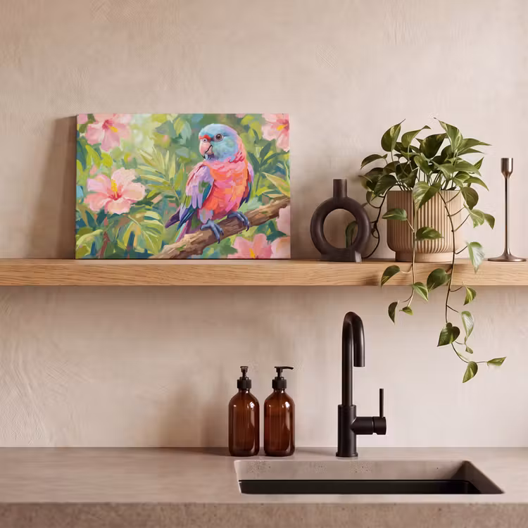 Papagaai - Hibiscusbloemen - Kleurrijk canvas 2cm klein -sfeer3