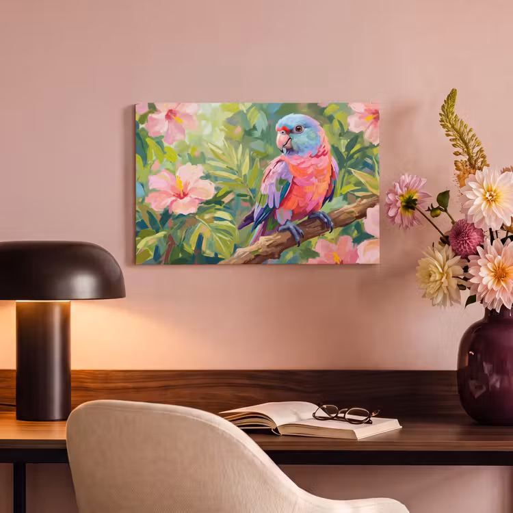 Papagaai - Hibiscusbloemen - Kleurrijk canvas 2cm klein -sfeer4