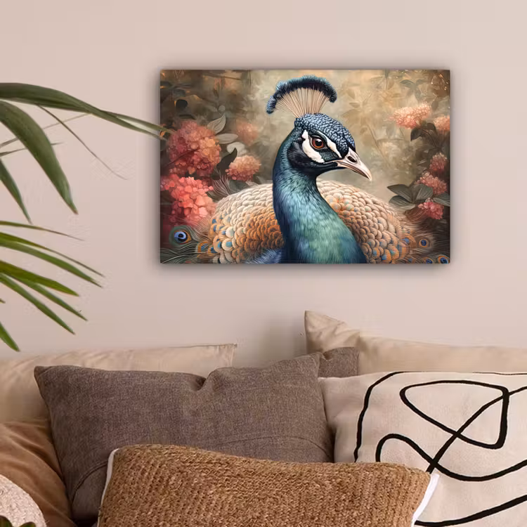 Pauw - Vogel - Bloemen - Planten - Pauwenveren canvas 2cm klein -sfeer1