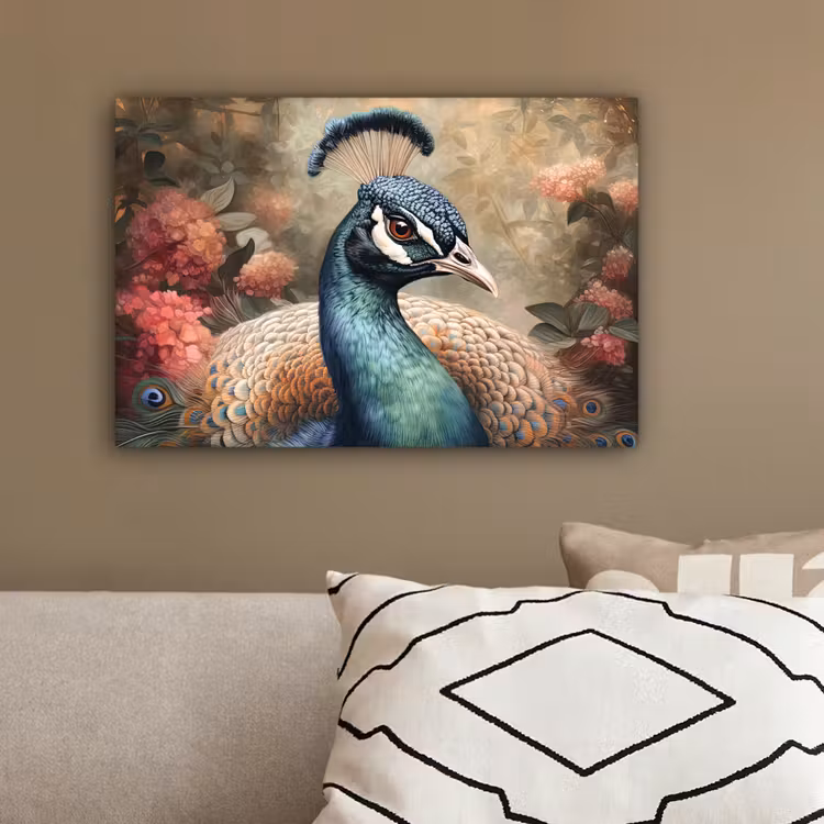 Pauw - Vogel - Bloemen - Planten - Pauwenveren canvas 2cm klein -sfeer3