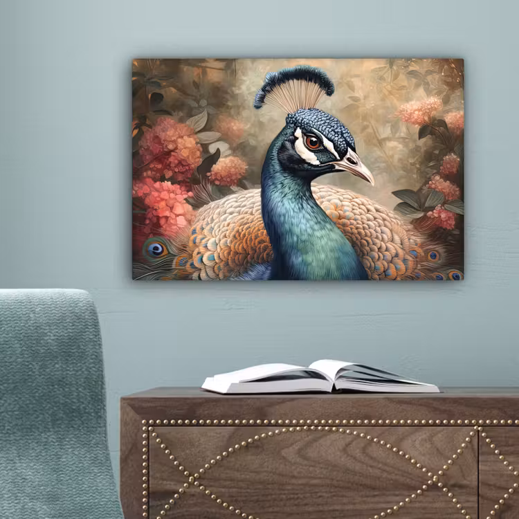 Pauw - Vogel - Bloemen - Planten - Pauwenveren canvas 2cm klein -sfeer4