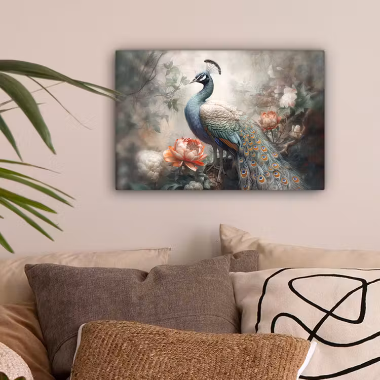Pauw - Pauwenveren - Vogel - Jungle - Bloemen canvas 2cm klein -sfeer1
