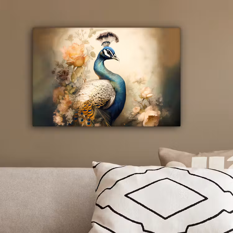 Pauw - Pauwenveren - Bloemen - Vogels - Botanisch canvas 2cm klein -sfeer3
