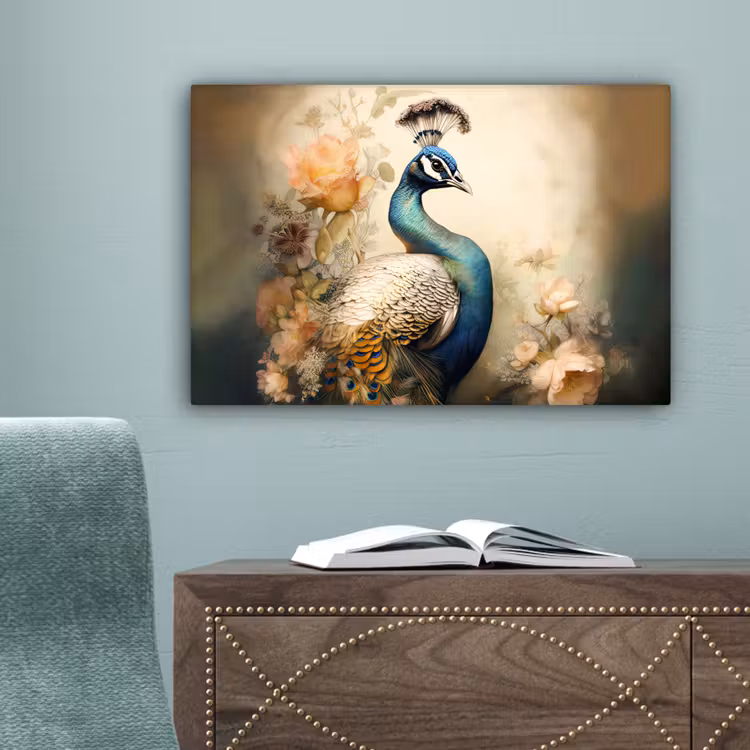 Pauw - Pauwenveren - Bloemen - Vogels - Botanisch canvas 2cm klein -sfeer4