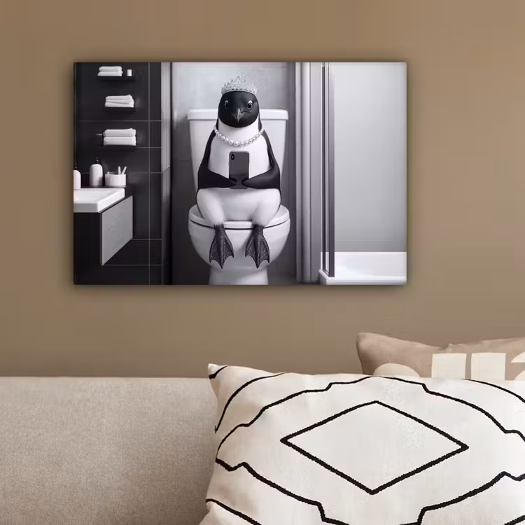Pinguïn - Telefoon - Toilet - Zwart - Wit canvas 2cm klein -sfeer3