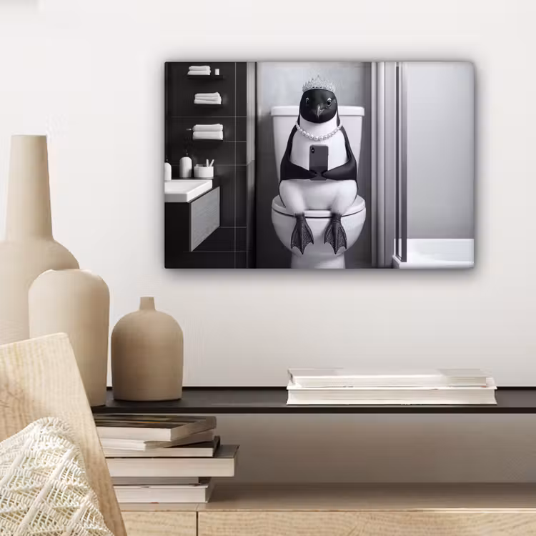Pinguïn - Telefoon - Toilet - Zwart - Wit canvas 2cm klein -sfeer6