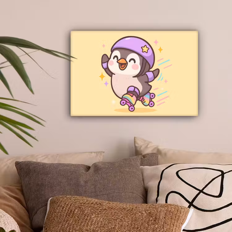 Pinguïn - Rolschaatsen - Geel - Energiek canvas 2cm klein -sfeer1