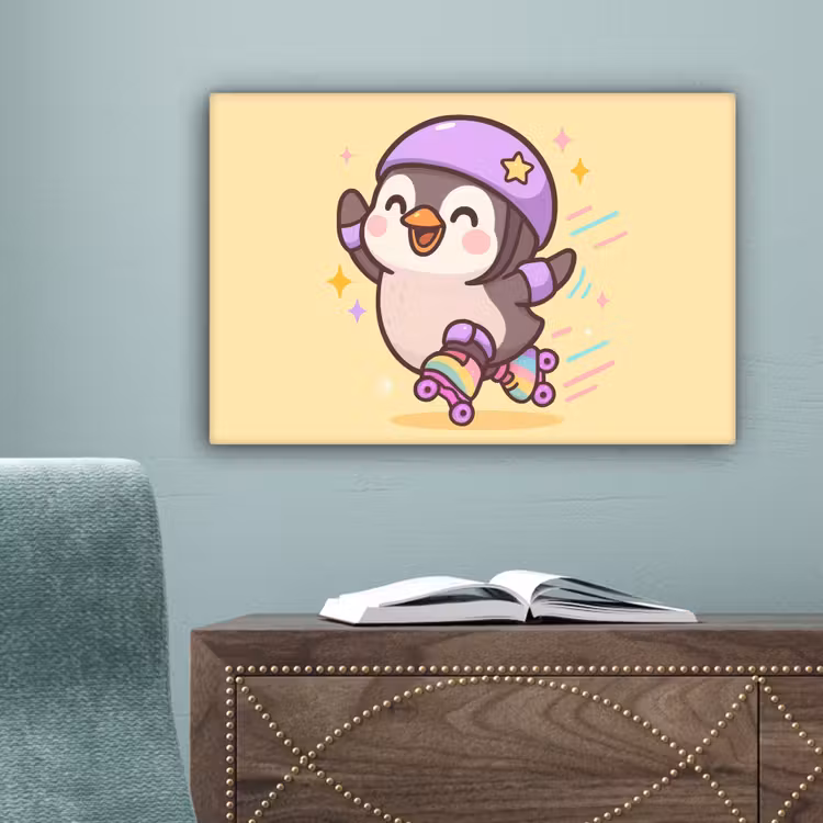 Pinguïn - Rolschaatsen - Geel - Energiek canvas 2cm klein -sfeer4
