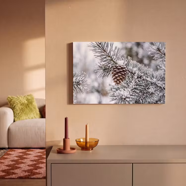 Dennenappel - Tak - Sneeuw - Winter - Sfeervol canvas 2cm klein -sfeer1